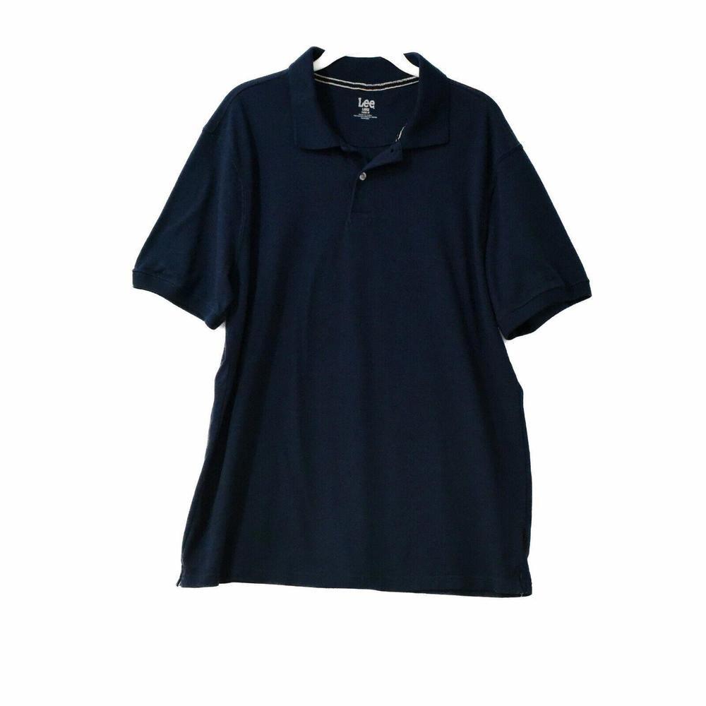 Lee Mens Dark Blue Polo Shirt Pure Cotton Solid Collared Top Short Sleeve Size L
